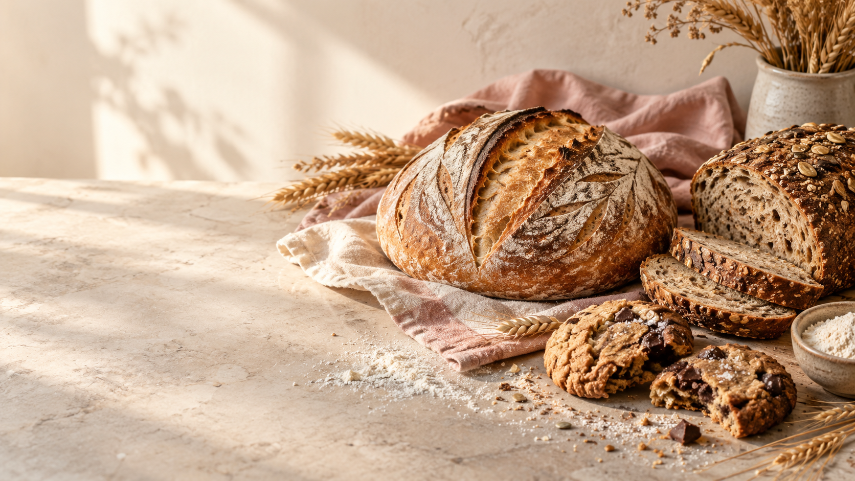 Artisan sourdough loaves and cookies in warm morning light